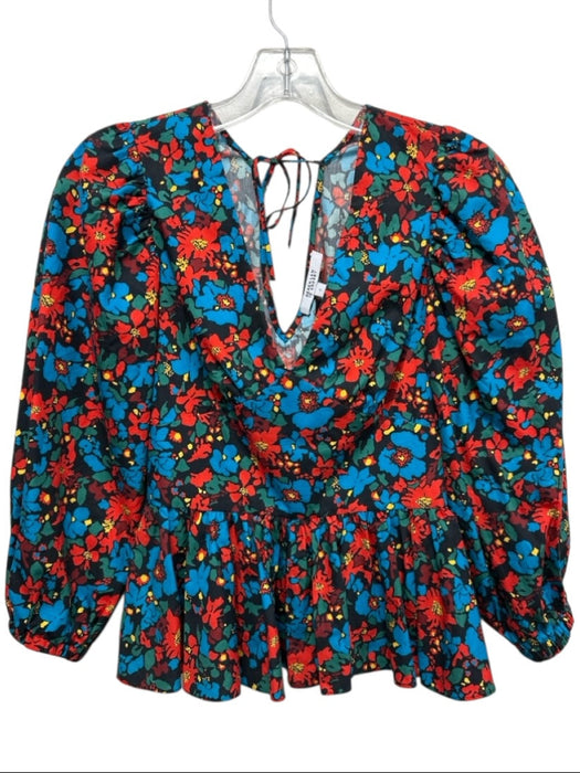 Derek Lam 10 Crosby Size 2 Blue, Red, Black Cotton Floral Balloon Sleeve Top Blue, Red, Black / 2