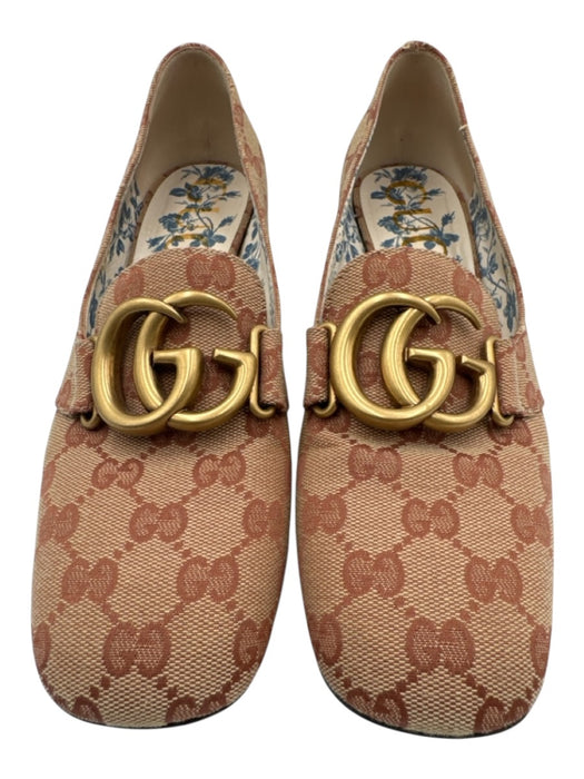 Gucci Shoe Size 39.5 Light Brown & Red Canvas Midi Block Heel Guccissima Pumps Light Brown & Red / 39.5