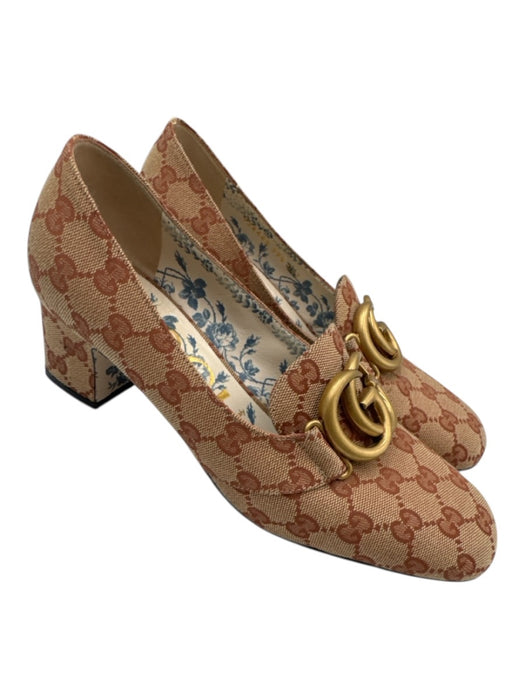 Gucci Shoe Size 39.5 Light Brown & Red Canvas Midi Block Heel Guccissima Pumps Light Brown & Red / 39.5