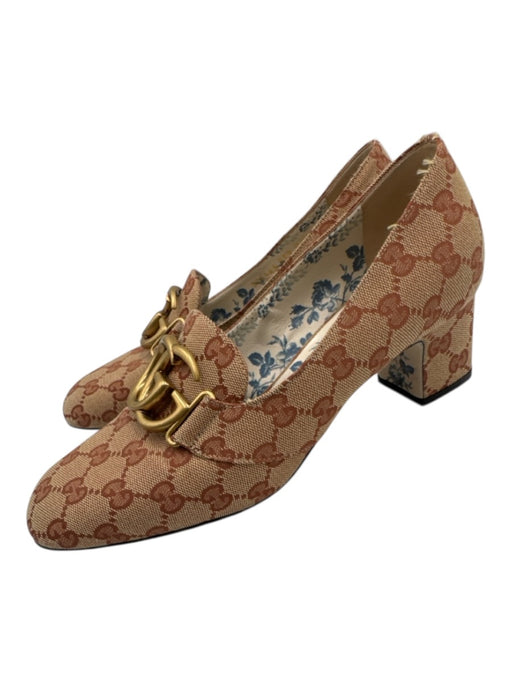 Gucci Shoe Size 39.5 Light Brown & Red Canvas Midi Block Heel Guccissima Pumps Light Brown & Red / 39.5