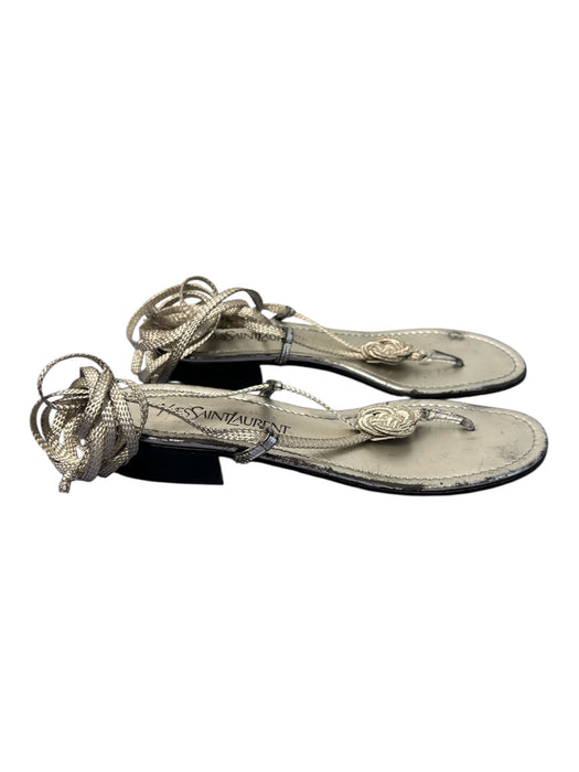 YSL Shoe Size 8 Silver Leather Open Toe & Heel Ankle Wrap Heel Thong Shoes Silver / 8
