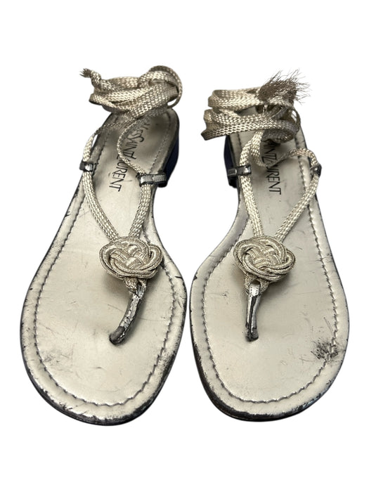 YSL Shoe Size 8 Silver Leather Open Toe & Heel Ankle Wrap Heel Thong Shoes Silver / 8