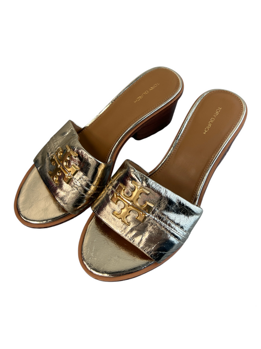 Tory Burch Shoe Size 9 Metallic Gold Leather open toe Logo Slip On Shoes Metallic Gold / 9