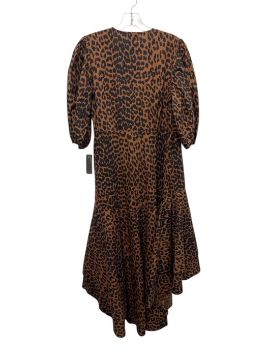 Ganni Size 38 Brown & Black Cotton Leopard Print Wrap 1/2 Puff Sleeve Dress Brown & Black / 38