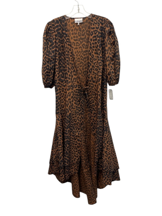 Ganni Size 38 Brown & Black Cotton Leopard Print Wrap 1/2 Puff Sleeve Dress Brown & Black / 38