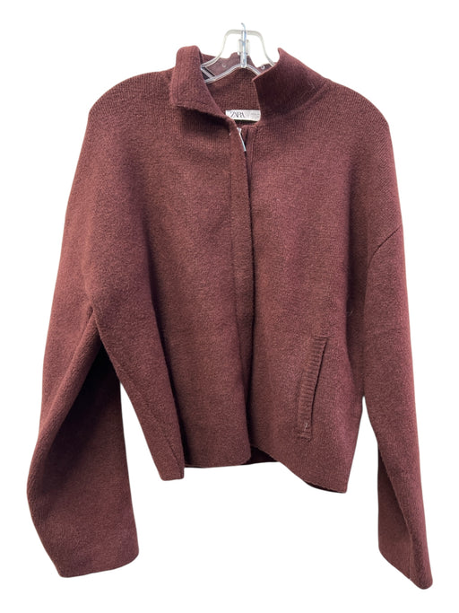 Zara Size XL Maroon Acrylic Blend Front Zip Collared Boxy Fit Pockets Jacket Maroon / XL