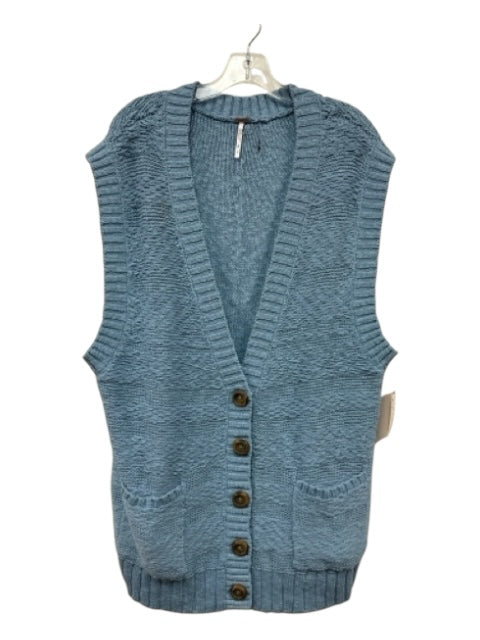 Free People Size M Light Blue Cotton Knit Ribbed Detail Button Up Vest Sweater Light Blue / M