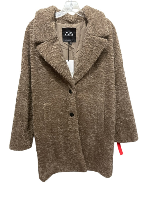Zara Size M Brown Polyester Lapels Button Front Faux Fur Jacket Brown / M