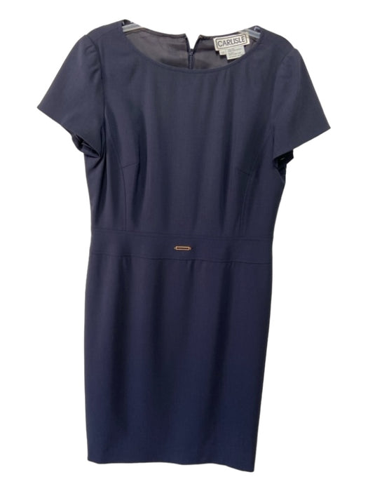 Carlisle Size 12 Navy Wool Wide Neck Cap Sleeve gold accent Sheath Dress Navy / 12