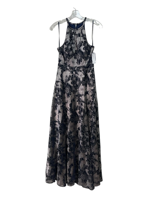 Betsy & Adam Size 4 Navy & Silver Polyester Blend High Round Neck Floral Gown Navy & Silver / 4