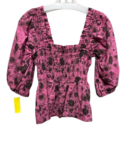 Ganni Size 34 Pink & Black Cotton Square Neck Puff Sleeve Smocked Top Pink & Black / 34