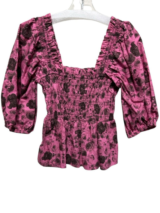 Ganni Size 34 Pink & Black Cotton Square Neck Puff Sleeve Smocked Top Pink & Black / 34