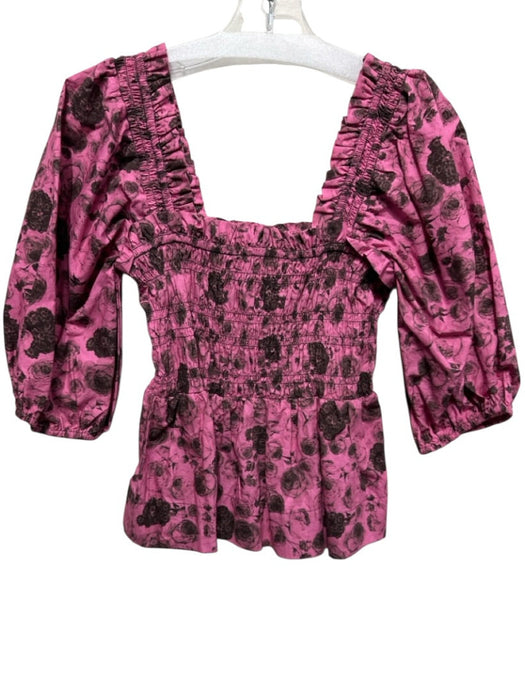 Ganni Size 34 Pink & Black Cotton Square Neck Puff Sleeve Smocked Top Pink & Black / 34