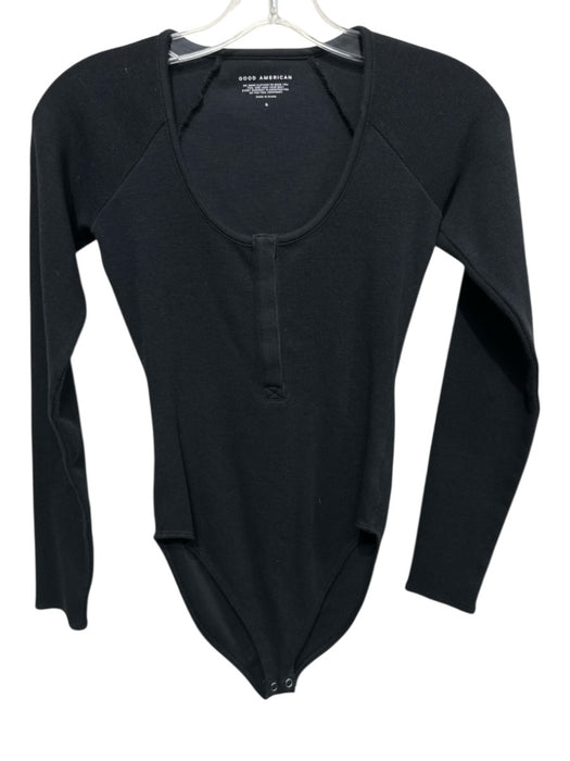 Good American Size S Black Cotton Ribbed 1/4 Button Long Sleeve Bodysuit Black / S