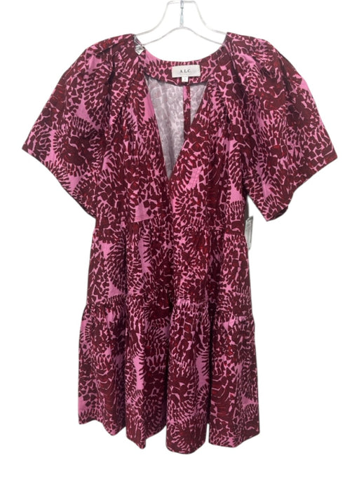 A.L.C. Size 2 Red & Pink Cotton Short Sleeve Abstract Block Print V Neck Dress Red & Pink / 2