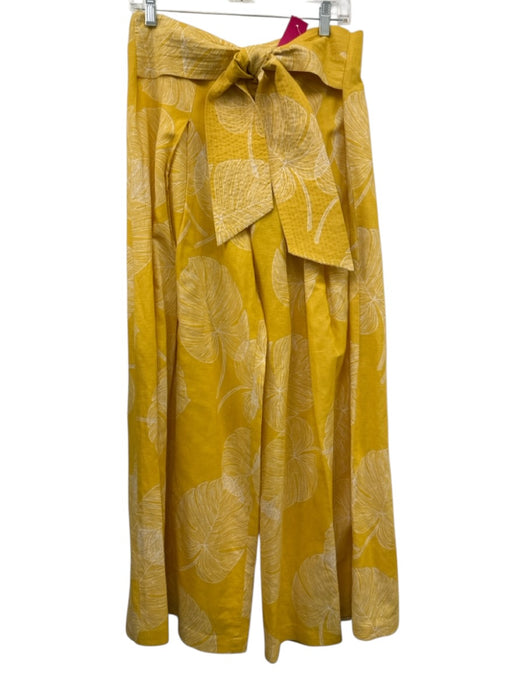Studio F Size 6 Yellow Linen Tie Waist Zip Back Printed Flowy Pants Yellow / 6