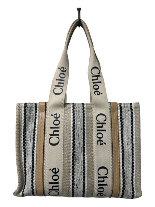 Chloe Cream, Tan, Black Canvas & Leather Logo Woven Double Top Handle Tote Bag Cream, Tan, Black / Medium
