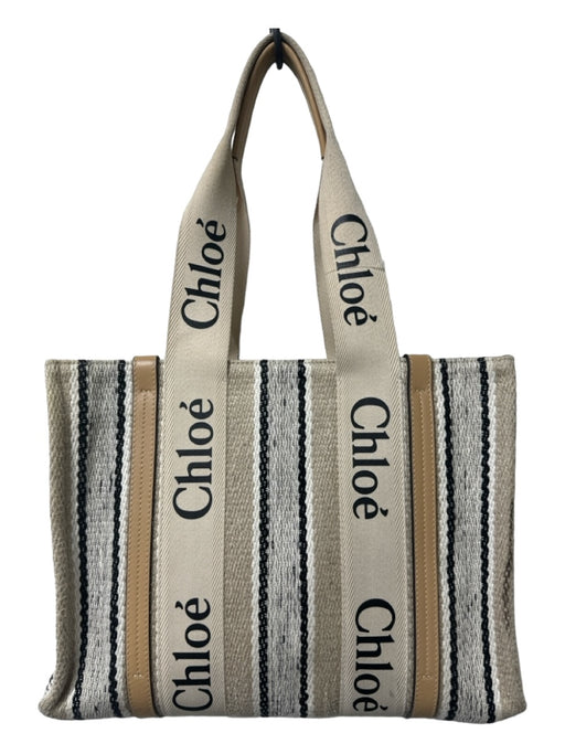 Chloe Cream, Tan, Black Canvas & Leather Logo Woven Double Top Handle Tote Bag Cream, Tan, Black / Medium