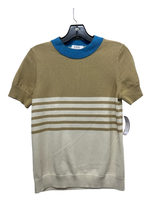 COS Size S Tan, Cream, Blue Cotton & Polyester Horizontal Stripes Crew Neck Top Tan, Cream, Blue / S