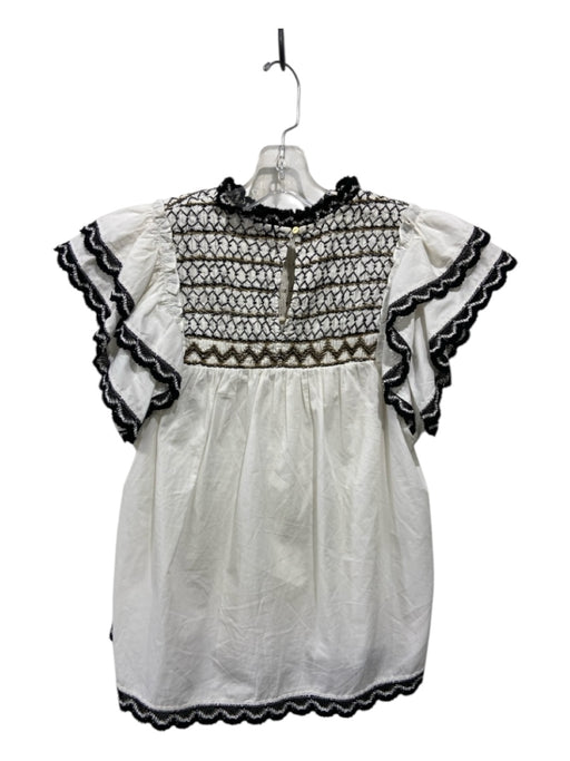 Ulla Johnson Size 0 White & Black Cotton Ruffle Cap Sleeve Back Keyhole Top White & Black / 0