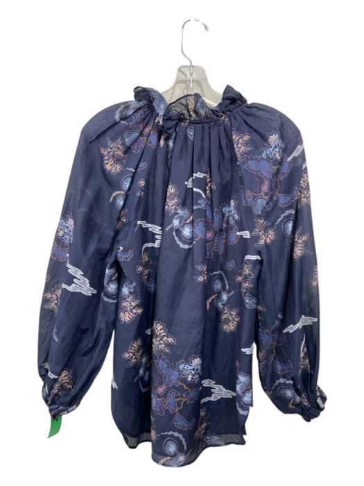 Magali Pascal Size XS Navy Blue Print Cotton & Silk Floral Half Button Top Navy Blue Print / XS