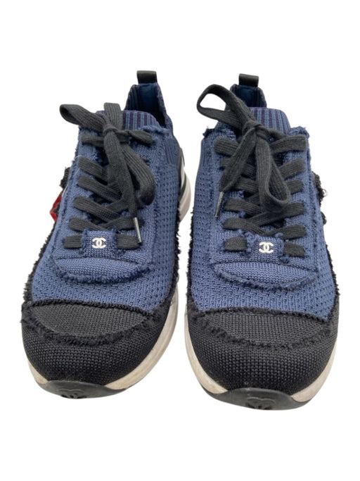 Chanel Shoe Size 38.5 Navy Blue, Black, White textile upper Knit Logo Sneakers Navy Blue, Black, White / 38.5