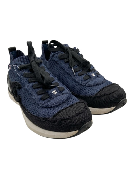 Chanel Shoe Size 38.5 Navy Blue, Black, White textile upper Knit Logo Sneakers Navy Blue, Black, White / 38.5