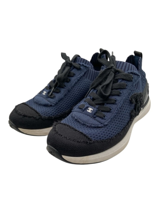Chanel Shoe Size 38.5 Navy Blue, Black, White textile upper Knit Logo Sneakers Navy Blue, Black, White / 38.5