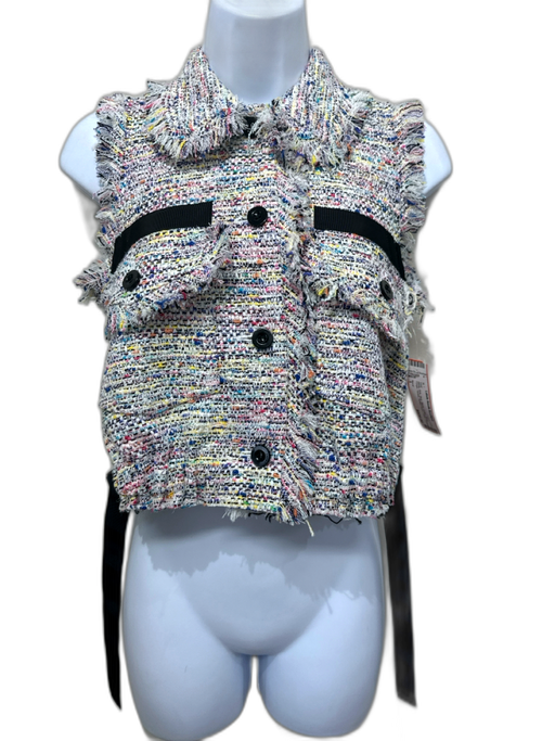 Sacai Size 1 White, Pink, Blue, Black Cotton Blend Fringe Tweed Vest White, Pink, Blue, Black / 1