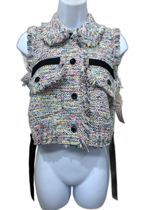 Sacai Size 1 White, Pink, Blue, Black Cotton Blend Fringe Tweed Vest White, Pink, Blue, Black / 1
