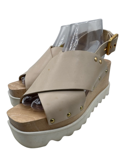 Stella McCartney Shoe Size 37.5 Beige & White Leather Slingbacks Wood Sandals Beige & White / 37.5