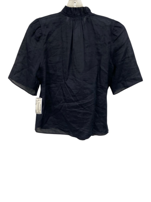 Frame Size Small Navy Blue Ramie Short Sleeve Pleated Quarter Button Sheer Top Navy Blue / Small