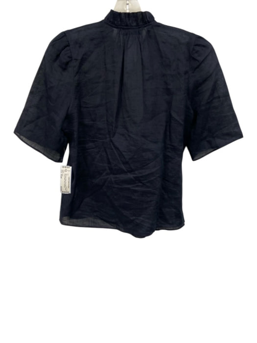 Frame Size Small Navy Blue Ramie Short Sleeve Pleated Quarter Button Sheer Top Navy Blue / Small