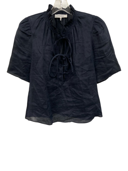 Frame Size Small Navy Blue Ramie Short Sleeve Pleated Quarter Button Sheer Top Navy Blue / Small