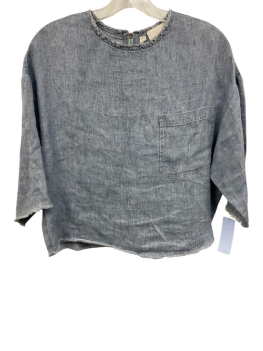 TWP Size XS/S Light Wash Hemp Short Sleeve Chambray Patch Pocket Fringe Trim Top Light Wash / XS/S