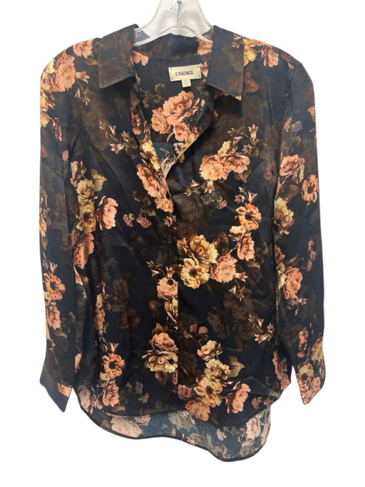 L'agence Size XS Navy, Pink, Multi Silk Long Sleeve Floral Buttons V Neck Top Navy, Pink, Multi / XS