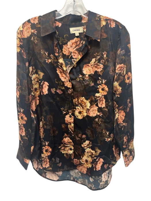L'agence Size XS Navy, Pink, Multi Silk Long Sleeve Floral Buttons V Neck Top Navy, Pink, Multi / XS