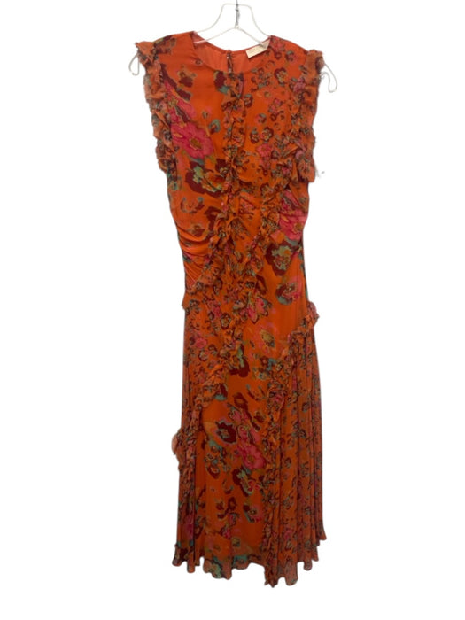 Ulla Johnson Size 2 Orange & Multi Silk Ruffle Cap Sleeve Floral Ruffles Dress Orange & Multi / 2