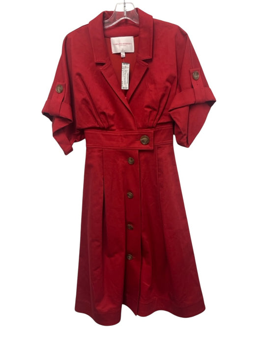 Carolina Herrera Size 2 Red Cotton 1/2 Sleeve Button Front Button Waist Dress Red / 2