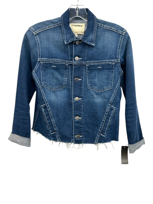L'agence Size XS Medium dark wash Cotton Blend Denim Button Front Raw Hem Jacket Medium dark wash / XS