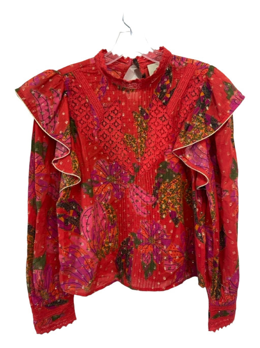 Farm Rio Size S Red & green Cotton Blend Long Sleeve Floral Lace Detail Top Red & green / S