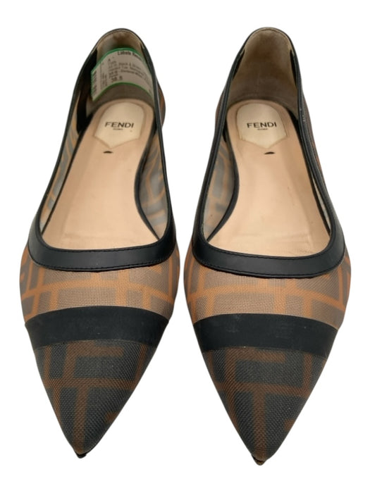 Fendi Shoe Size 38.5 Black & Brown Leather & Mesh Pointed Toe Monogram Flats Black & Brown / 38.5