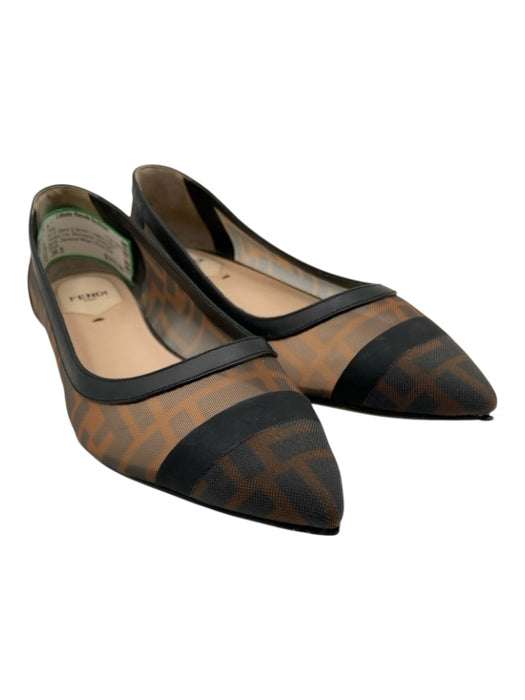 Fendi Shoe Size 38.5 Black & Brown Leather & Mesh Pointed Toe Monogram Flats Black & Brown / 38.5