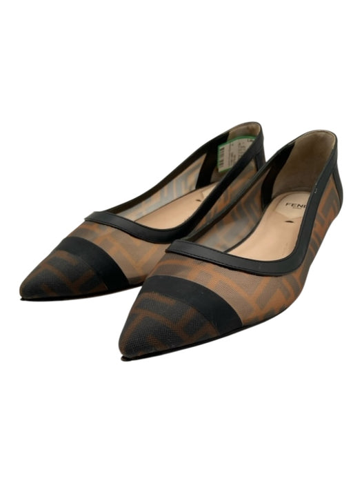 Fendi Shoe Size 38.5 Black & Brown Leather & Mesh Pointed Toe Monogram Flats Black & Brown / 38.5