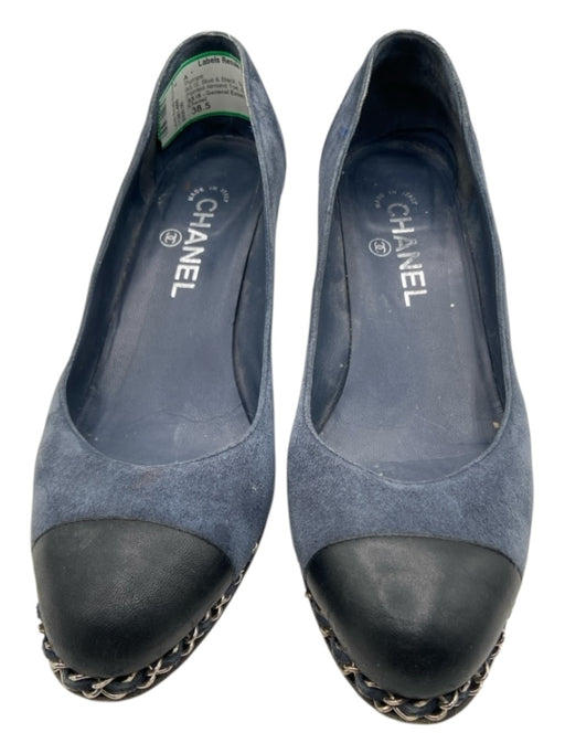 Chanel Shoe Size 38.5 Blue & Black Suede Chain Detail Pointed Almond Toe Pumps Blue & Black / 38.5