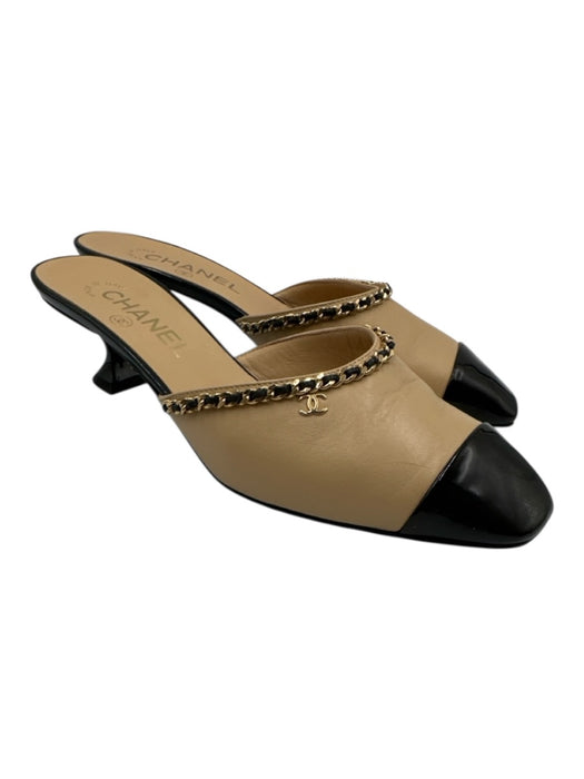 Chanel Shoe Size 38.5 Beige & Black Leather Upper Patent Toe Cap Mules Beige & Black / 38.5