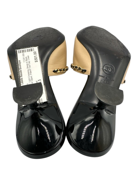 Chanel Shoe Size 38.5 Beige & Black Leather Upper Patent Toe Cap Mules Beige & Black / 38.5