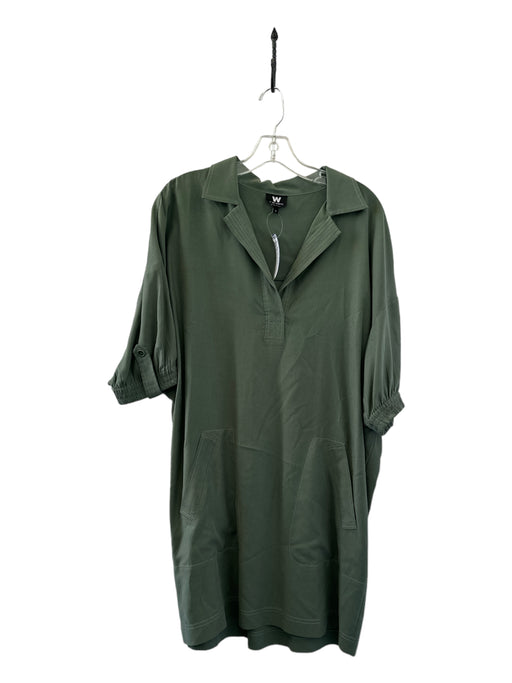 Worth Size S Olive Green Tencel Blend Short Sleeve Collar Slit Neck Dress Olive Green / S