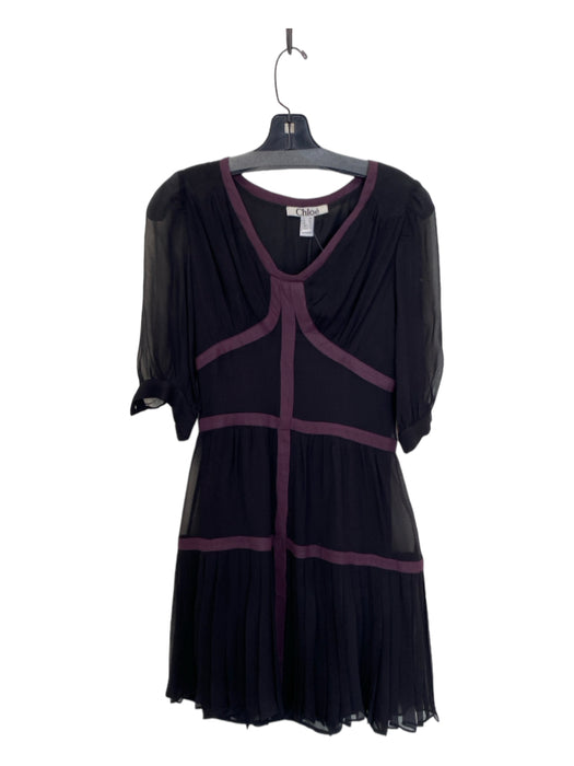 Chloe Size 4 Black & Purple Silk Half Sheer Sleeve V Neck Back Zip Pleated Dress Black & Purple / 4