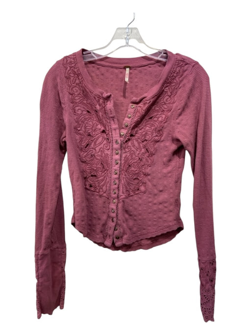 Free People Size S Mauve Pink Cotton Button Up Embroidered Thermal Top Mauve Pink / S